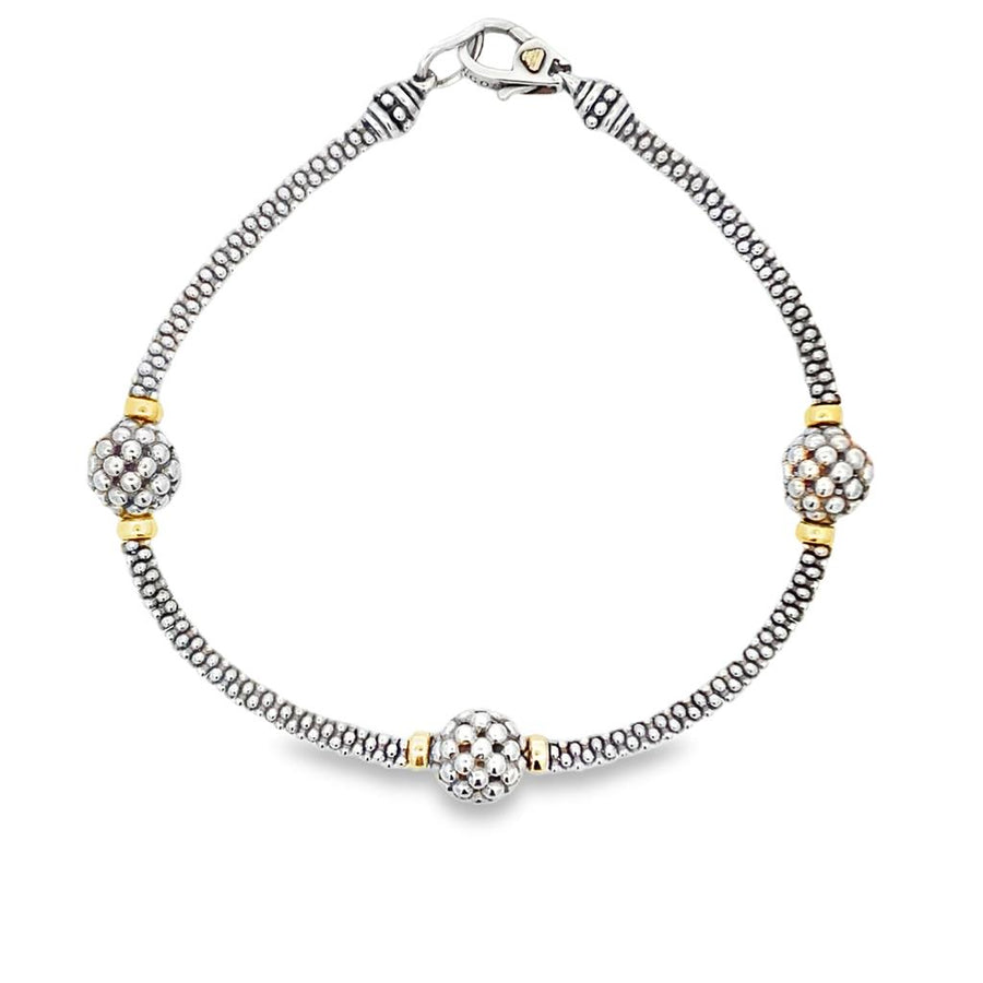 18 Karat/Sterling Silver Lagos Three Station Caviar Beaded Bracelet Es