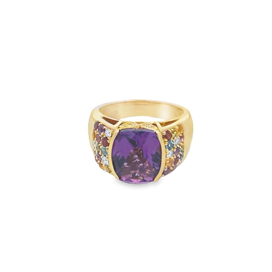 Yellow 14 Karat Half Bezel Set Elongated Checkerboard Cushion Amethyst