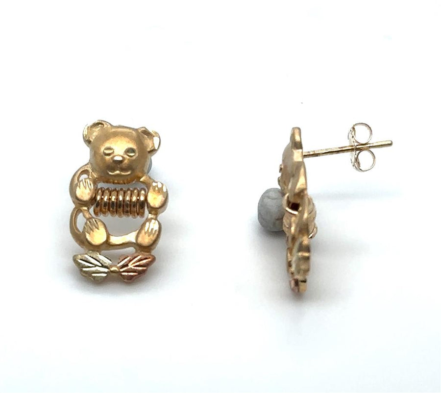 Tri-Color 10 Karat Diamond Cut/Satin Black Hills Gold Bear Stud Earrin