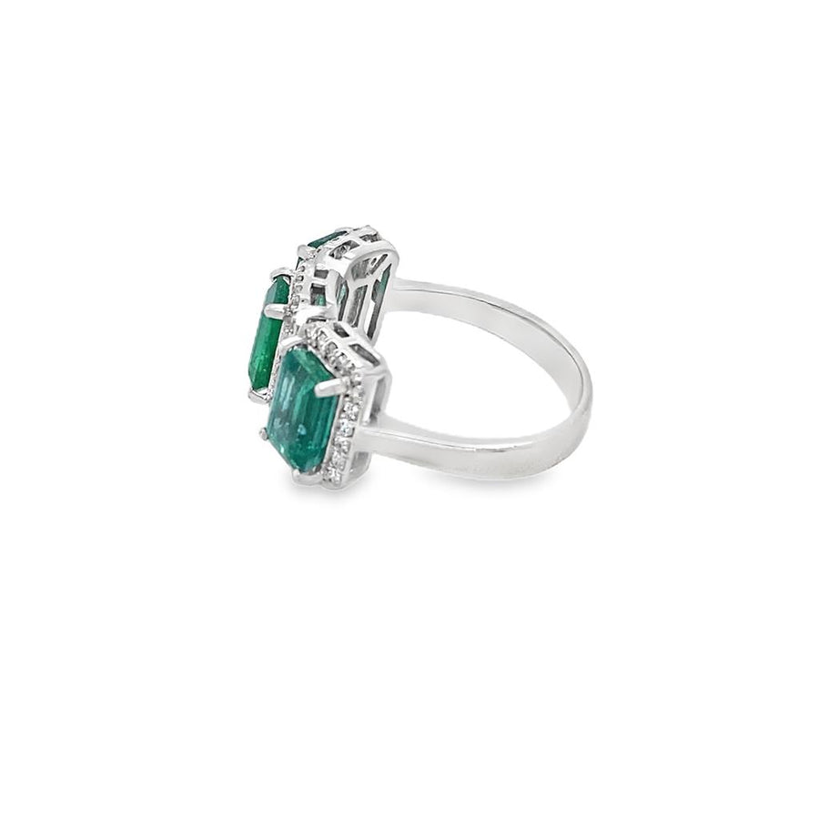 Three Stone Emerald and Diamond Halo Ring