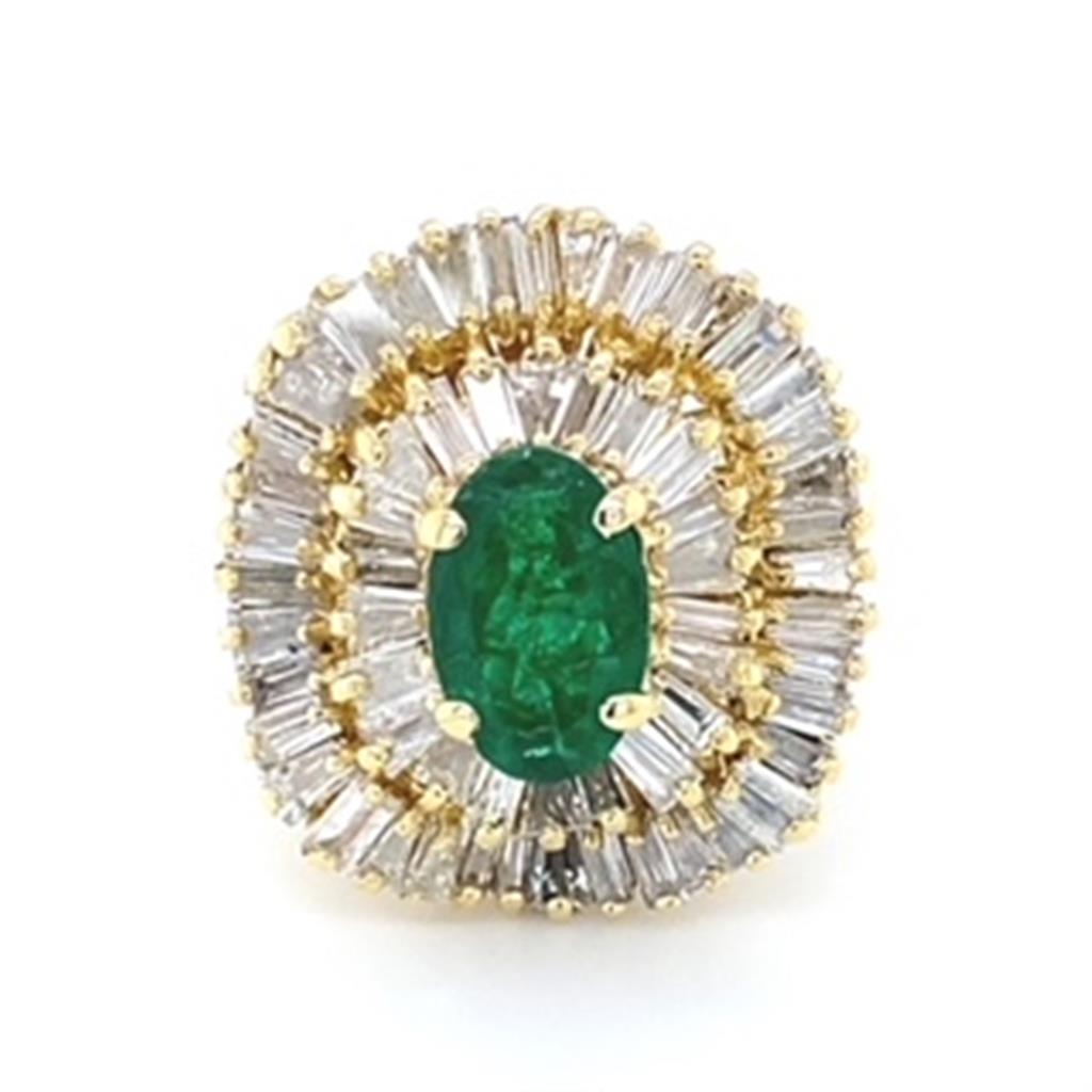 Estate Ladies Emerald and Diamond Ballerina Fashion Ring with Oval Emerald Baguette Diamonds 18KT Yellow Gold