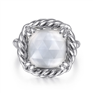 Gabriel & Co. Silver 925 Sterling Silver Rope Rock Crystal and White Mother of Pearl Signet Ring