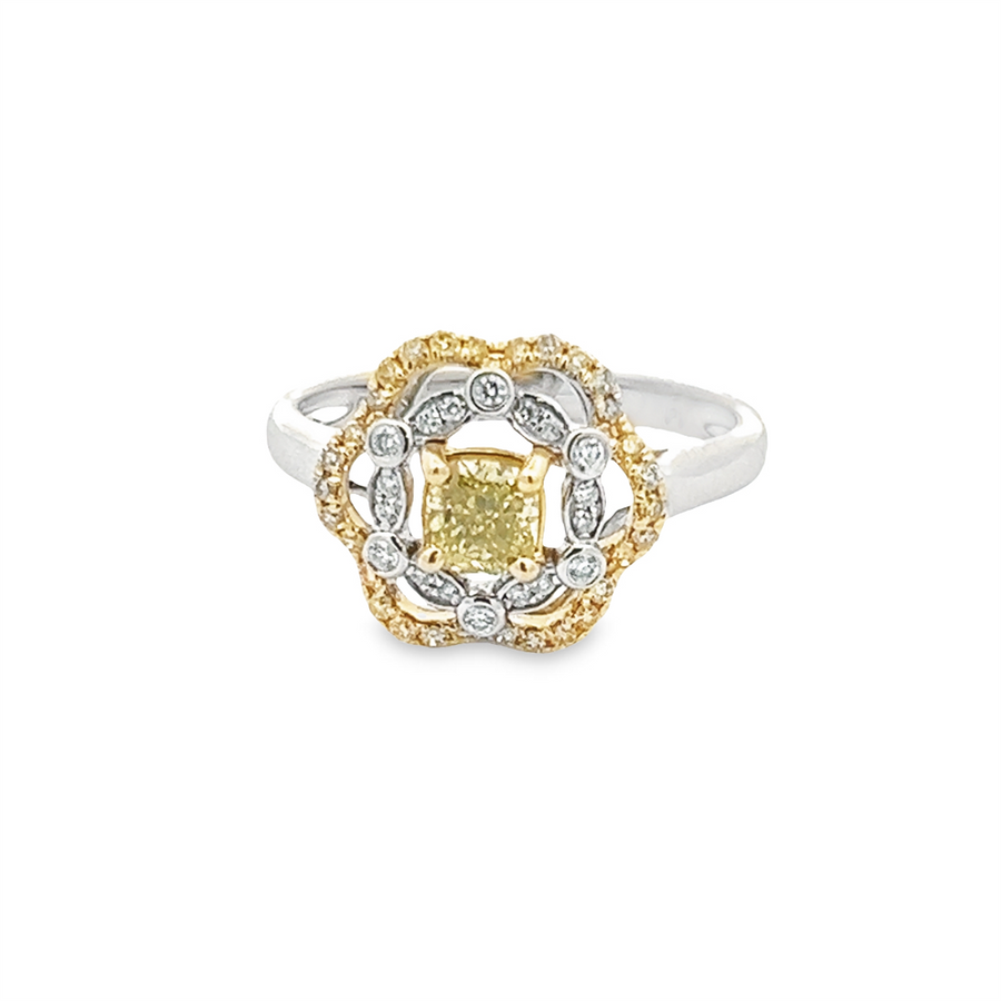 Estate Fancy Yellow Cushion Diamond with Double Diamond Halo