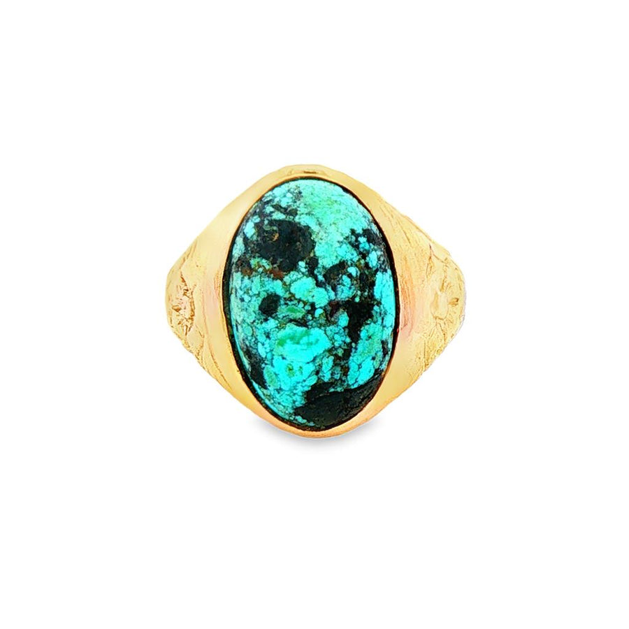 Yellow 14 Karat Engraved Bezel Set Oval Cabochon Turquoise Engraved Si