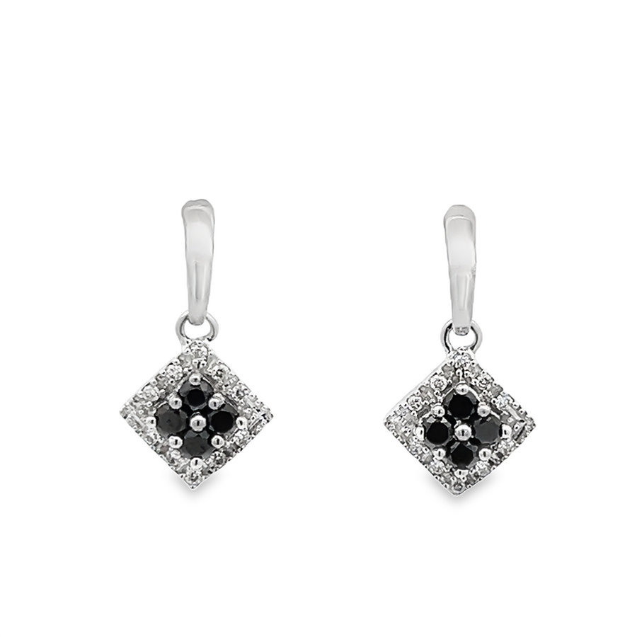 Estate Kite Shape Black & White Diamond Drop Earrings