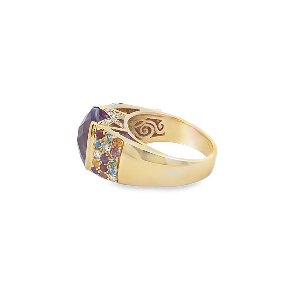 Yellow 14 Karat Half Bezel Set Elongated Checkerboard Cushion Amethyst