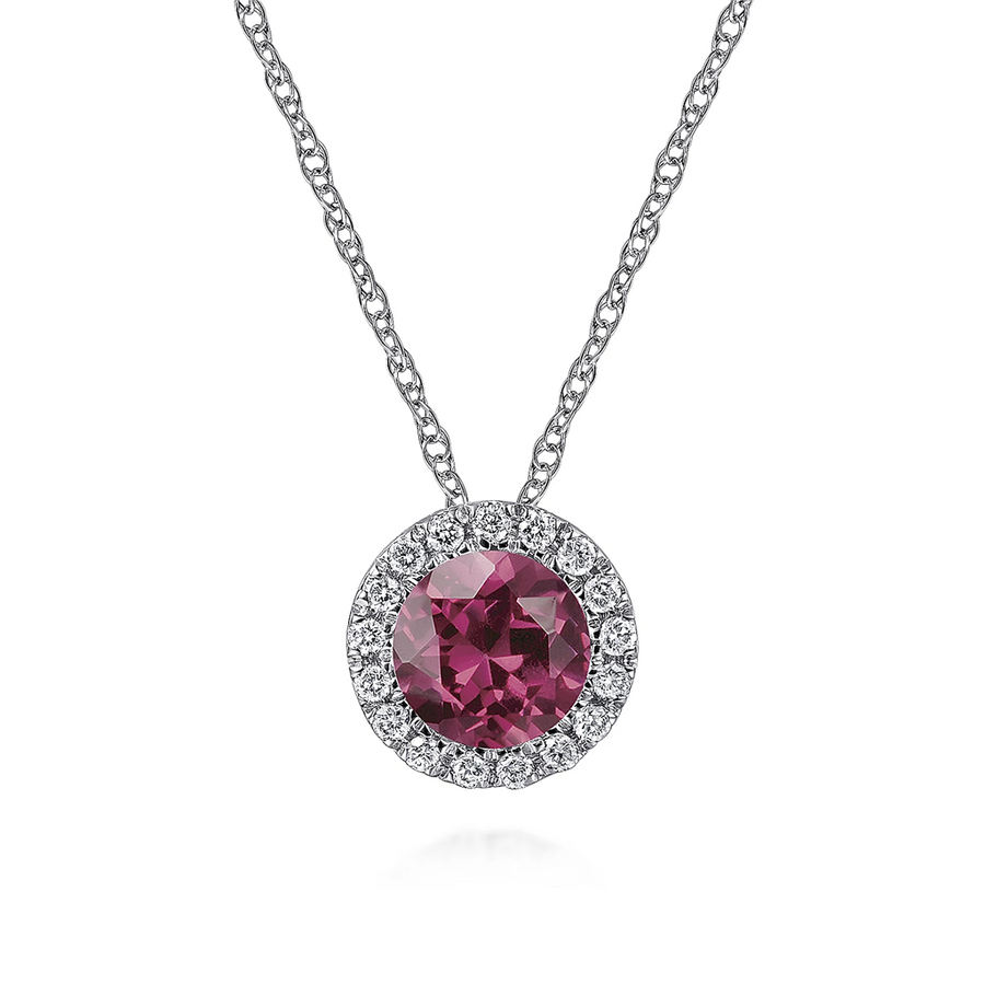 Gabriel & Co. Fashion 14k White Gold Diamond Halo   Pink Tourmaline Pendant Necklace