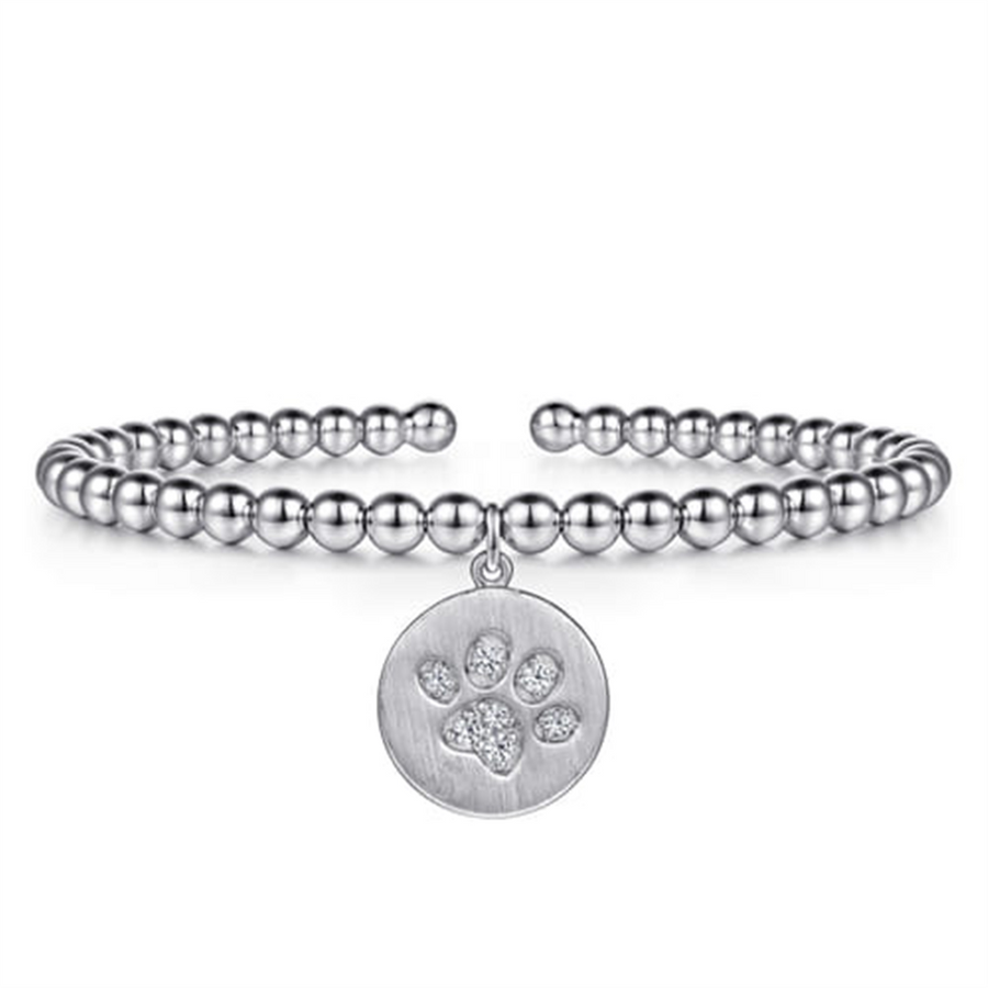 Sterling Silver Polished/Satin Bujukan Beaded Paw Charm Bangle Bracele
