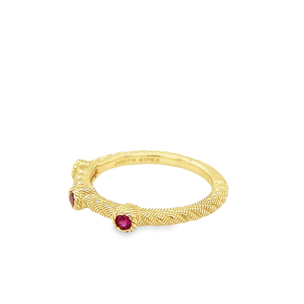 Yellow 14 Karat Judith Ripka Textured Ruby Band Estate Jewelry Size 7 3=0.09tw Round Rubys Gram Weight: 3.3