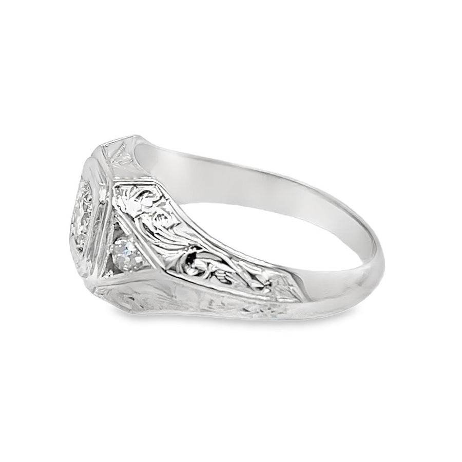 Estate Engraved 3 Stone Engagement Ring