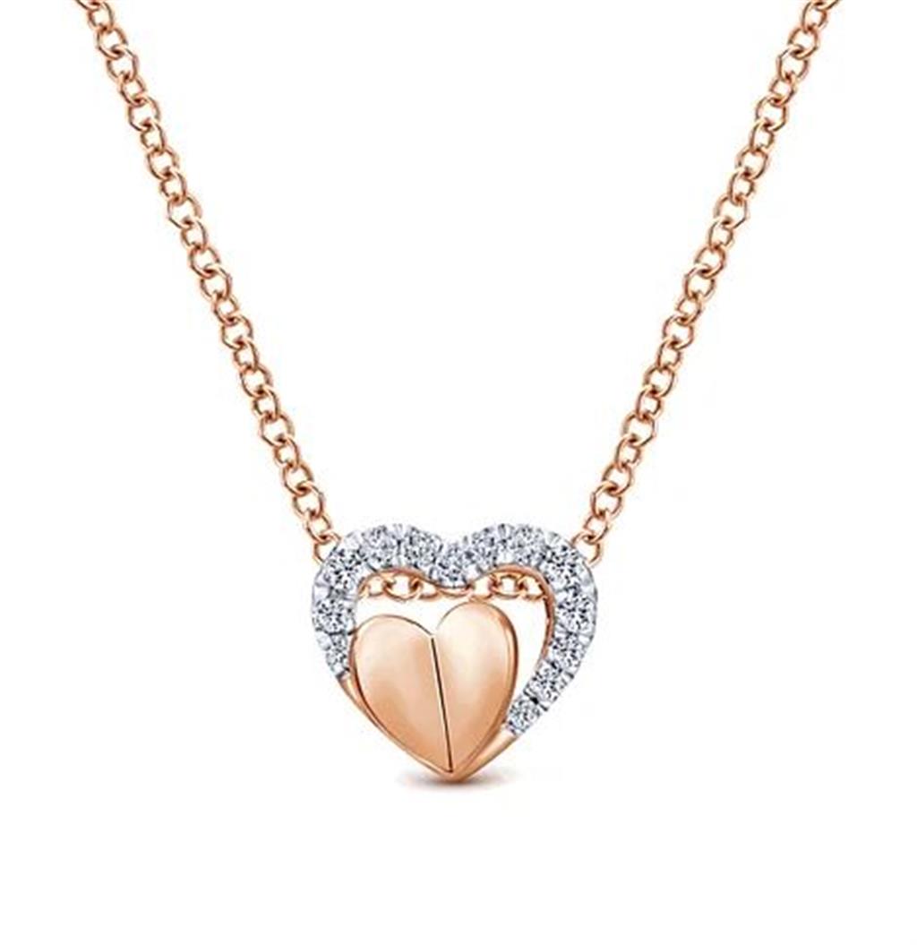 Lady's Rosé 14 Karat Layered Heart Necklace With 13 = 0.08Tw Round I/J