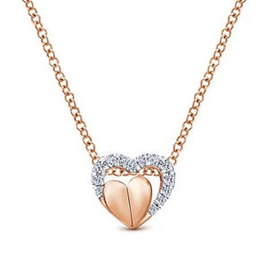 Lady's Rosé 14 Karat Layered Heart Necklace With 13 = 0.08Tw Round I/J