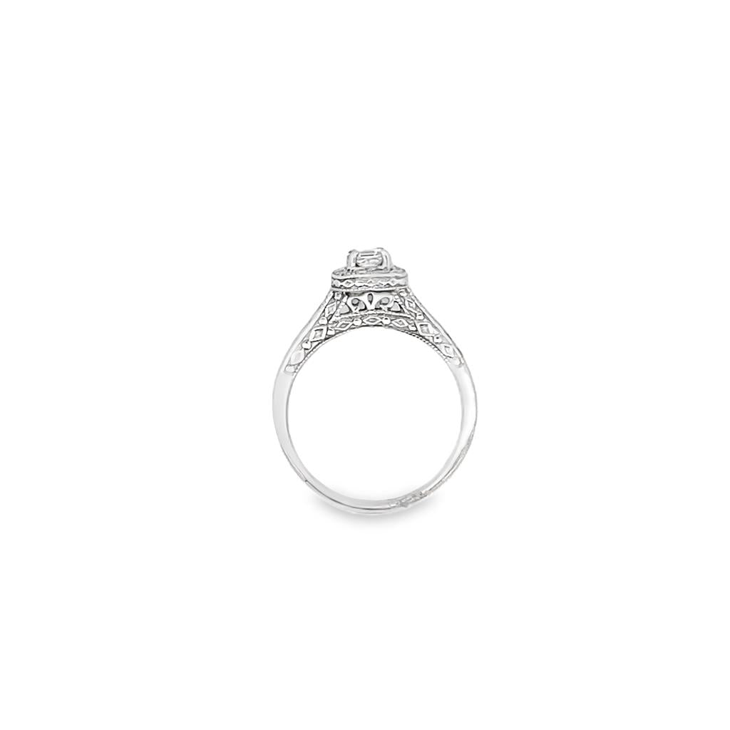 Princess Center Diamond Ring 3.55X3.3 .20ct with Halo 22 Round Diamonds 1.3 .22ct  .42CTW Engraved Gallery