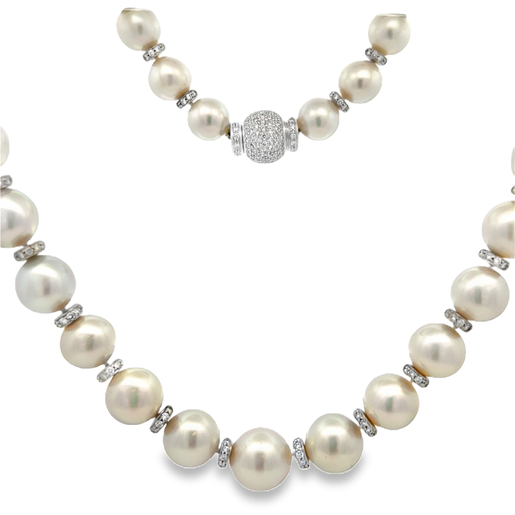 Estate South Sea Pearl Necklace with Diamond Rondelles & Diamond Clasp