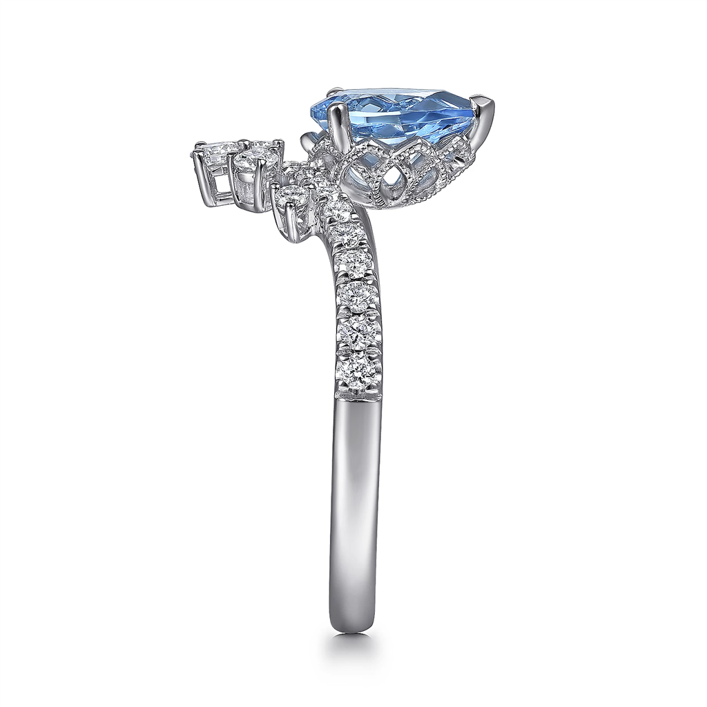 Gabriel & Co. Fashion 14K White Gold Pear Shaped Swiss Blue Topaz and Diamond Ring