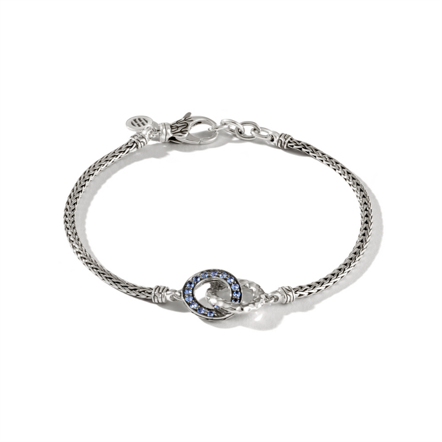 John Hardy Classic Chain Hammered Silver 2.5mm Mini Chain Bracelet with Lobster Clasp with Blue Sapphire
