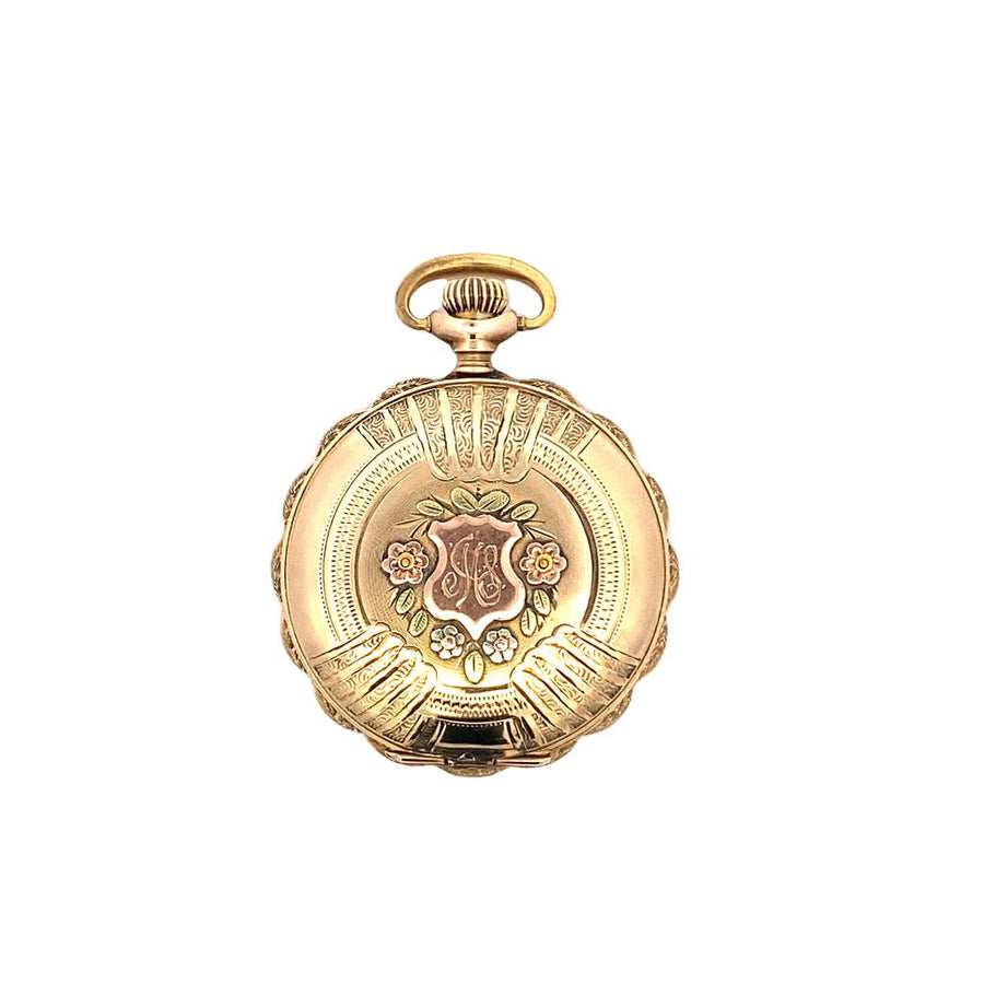 Estate Yellow 14 Karat Tri-color Engraved Elgin National Watch Co., Double Hunter Case Pocket Watch
15J,  c1911 serial #16569404 Model 4, Lever-set
51.4 grams tri-color case approx. 40x50mm with crown, 3/4 plate, Cartouche design (bird symbol)
See addi