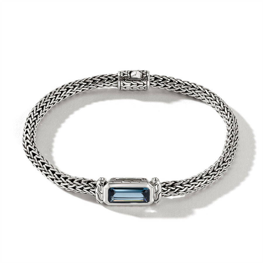 John Hardy Classic Chain Silver 5mm Extra Small Chain Bracelet with Pusher Clasp with 12x5mm Treated London Blue Topaz