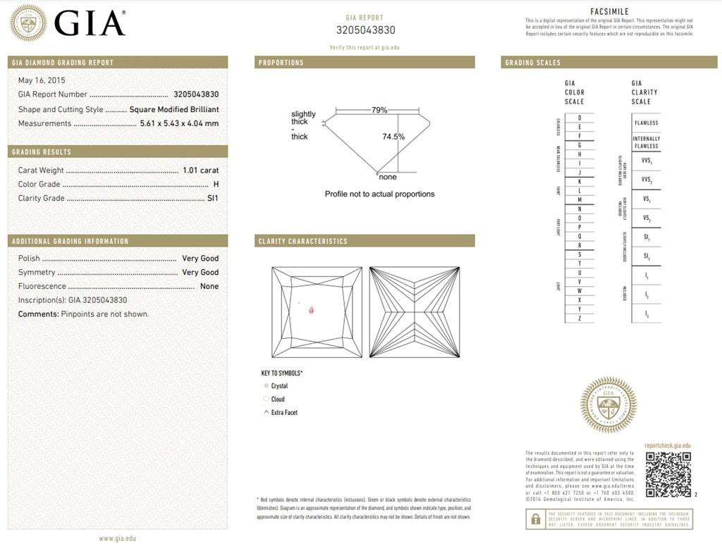 1.01CT H/SI1 GIA Princess Cut Diamond Estate Jewelry one = 1.01ct Prin